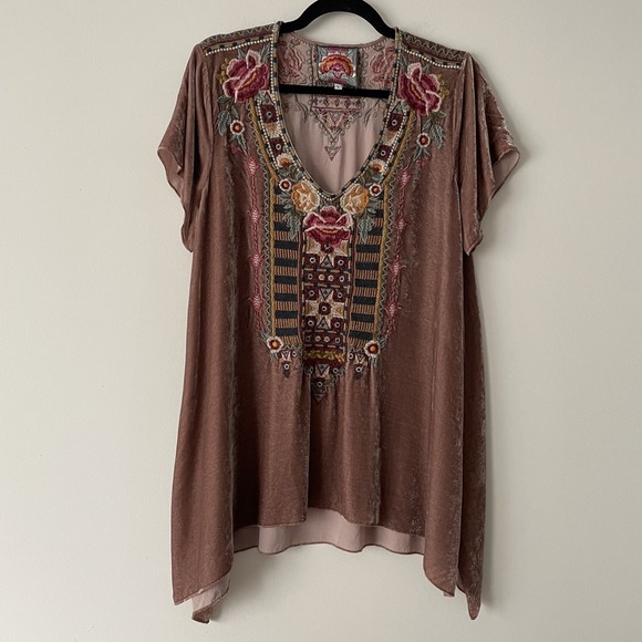 Johnny Was Tops - Johnny Was Cherelle Velvet Embroidered Drape Tunic Top Size L Silk Boho Hippie